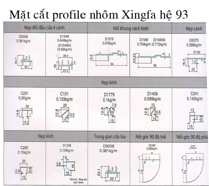 mặt cắt nhôm hệ 93 xingfa